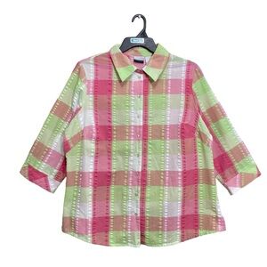 Kim Rogers Button Up Blouse Top Womens Size 18W Pink & Lime Green 3/4 Sleeve